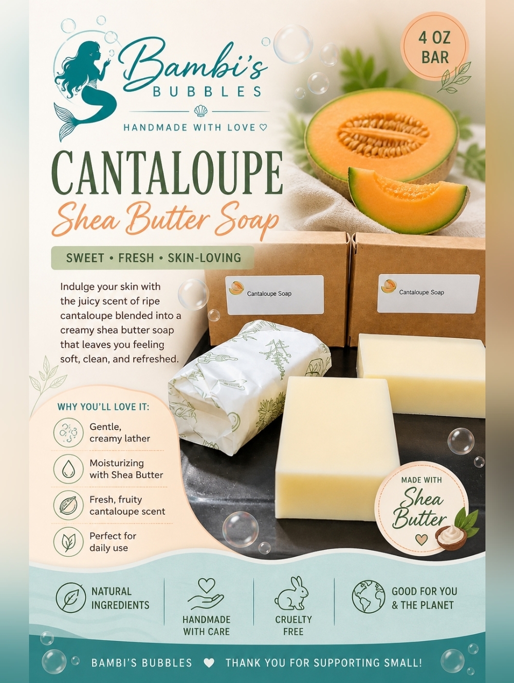 Restocked! Cantaloupe  Shea Butter Soap 4oz Bar